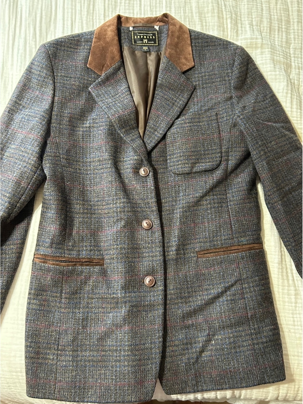 VTG Express Wool Tweed Plaid Blazer Suede Collar